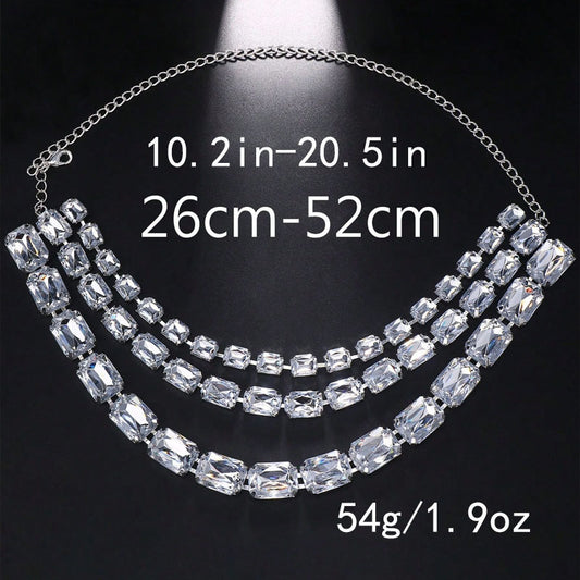 Cross-Border Hot-Selling Colorful Multi-Layered Square Diamond Necklace, Personalized And Versatile European And American Style Exaggerated Full-Diamond Clavicle Chain Necklace