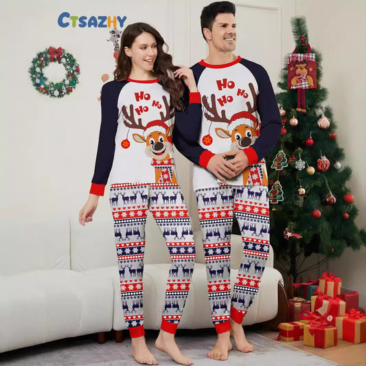 2024 European And American Cross-border New Christmas Fawn Snowflake Letter Striped Christmas Kiss Clothes Printed Home Clothes Sleeping